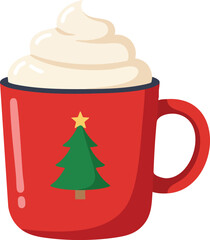 Festive red mug with Christmas tree and whipped cream.