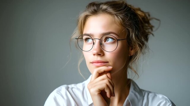 Young woman wearing glasses thinking with hand on chin isolated on transparent background, under gentle studio light, highlighting thoughtful expression and stylish look, serene po