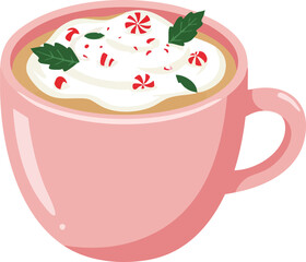A cozy pink mug of hot chocolate topped with whipped cream, crushed peppermint candy, and fresh mint leaves.