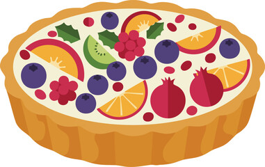 Illustration of a fruit tart with various fruits on a cream filling.