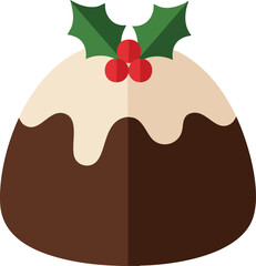 A festive Christmas pudding dessert topped with white cream sauce and a sprig of holly with red berries.