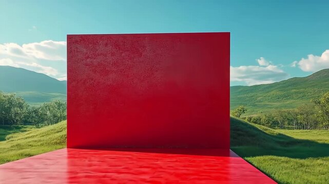 Surreal red platform and wall in a green field with mountains and blue sky.