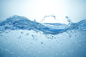 Close-up of clear blue water with dynamic wave and suspended air bubbles against a soft gradient background conveying freshness and purity