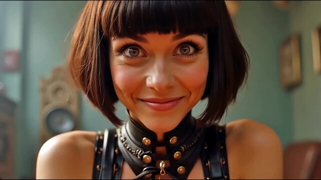 surprised woman in leather harness and choker with short dark bob haircut