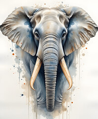 A majestic, artistic portrait of an elephant's face with a watercolor splash effect. Symbol of strength, wisdom, and wildlife.
