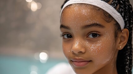 Close Up Portrait Of A Young Black Girl With Sparkly Glitter On Her Cheeks And Forehead Wearing A White Headband And Braided Hair With Soft Bokeh Background And Warm Lighting