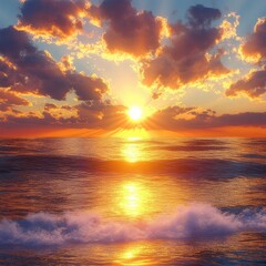 Obraz premium Radiant sunrise over calm ocean waves with golden sunlight reflecting on water and dramatic clouds in the sky