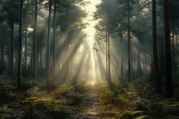 Fototapeta premium Sunlight piercing through tall pine trees in a dense forest casting long shadows on the moss-covered ground and illuminating the misty atmosphere