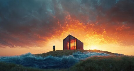 Silhouette of a person standing near a modern glass building on a grassy hill surrounded by waves under a dramatic fiery sunset sky