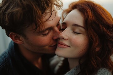 Close-up of a young couple sharing an intimate moment with eyes closed, expressing affection and tenderness