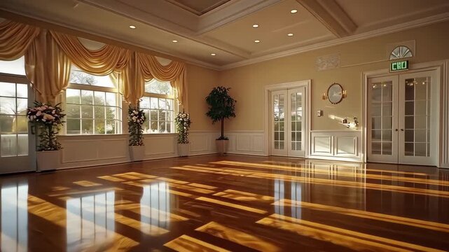 Elegant ballroom with hardwood floors and natural light, ready for an event.