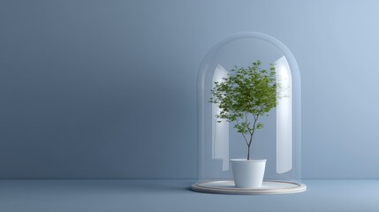Fototapeta premium Potted Plant Under Glass Dome on Wooden Base with Minimalist Blue Background for Modern Home Decor and Interior Design