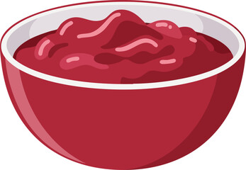 A vibrant red bowl filled with a thick, smooth, and glossy cranberry sauce.