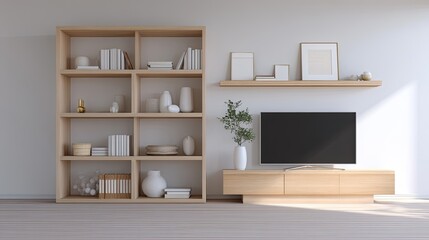 Fototapeta premium Modern Minimalist Living Room Design with Wooden Furniture and Elegant Decorations for Contemporary Interiors