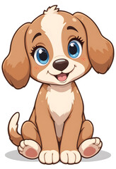 An adorable cartoon puppy dog with big, expressive eyes, sitting and smiling. Isolated on a white background.
