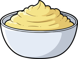 A simple cartoon illustration of a white bowl filled with a creamy, swirled yellow dip or spread, isolated on a white background.