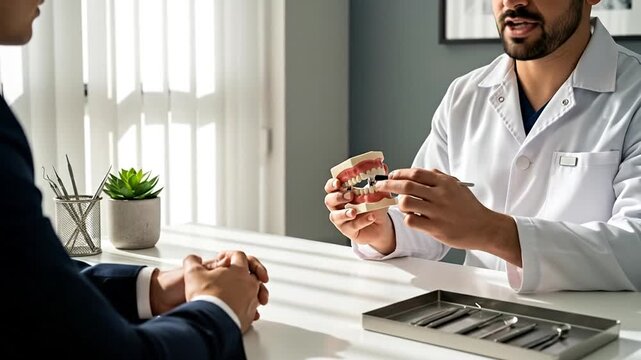 Dentist Explains Dental Model to Patient in White Consultation Room Medical Treatment and Healthcare Consultation with Dental Instruments and White Background and Bright Sunlight