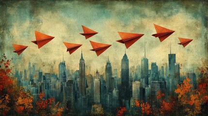 A Flock of Orange Paper Airplanes Soars Above the New York City Skyline Under an Autumnal Textured Sky With Fall Foliage In The Foreground