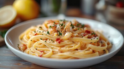 Fettuccine Pasta With Shrimp And Lemon Zest Sprinkled With Parsley And Red Pepper Flakes In A White Bowl On A Wooden Table With Halved Lemons In The Background