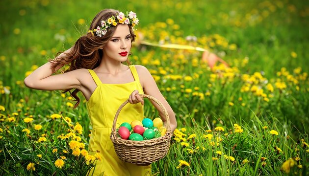 Easter Beauty - Woman with Basket of Eggs in Spring Meadow.