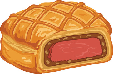 Illustration of a beef wellington with golden crust and visible meat.