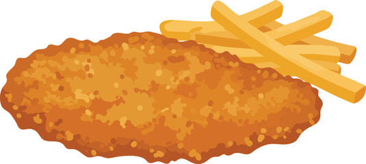 Illustration of a breaded cutlet with a side of french fries.