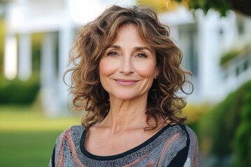 Smiling middle-aged woman with curly hair wearing a patterned top standing outdoors with blurred green foliage and white building in the background