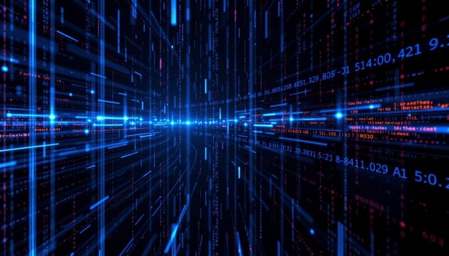 Digital background with binary code on blue and dark black background, cyberpunk, electronic space, virtual space. A data stream or matrix design with luminous effects