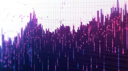 Digital abstract data visualization with vertical bars and glowing points in purple and pink hues on a grid background representing fluctuating information patterns