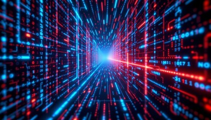 Digital background with binary code on blue and dark black background, cyberpunk, electronic space, virtual space. A data stream or matrix design with luminous effects