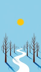 Stylized winter landscape with winding snow path and bare trees under yellow sun