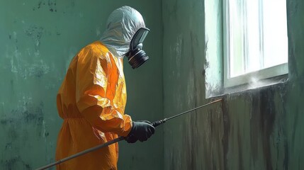 Person in protective hazmat suit and gas mask spraying disinfectant or pesticide inside a worn and moldy room near a window