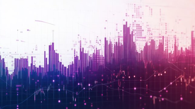 Abstract digital data visualization with vertical purple bars and scattered glowing dots representing fluctuating information patterns on a gradient background