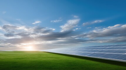 Fototapeta premium Solar Panel Array on Green Field Under Bright Blue Sky with Clouds and Sunrise in the Background