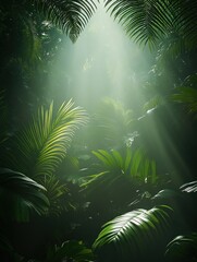 Dense tropical forest with lush green palm leaves illuminated by soft shafts of sunlight filtering through the canopy, creating a serene and mystical atmosphere