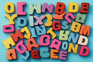 Colorful wooden alphabet letters scattered randomly on a light blue surface creating a playful and educational scene