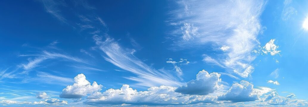 Wide blue sky filled with wispy cirrus and fluffy cumulus clouds above a clear horizon