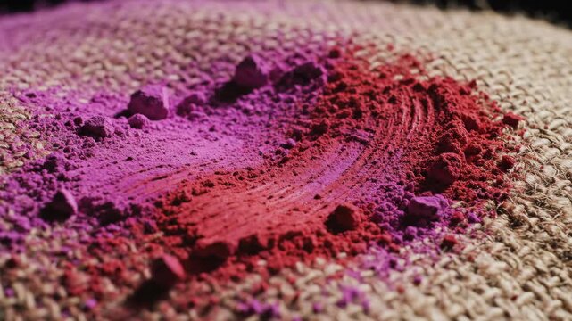 Vibrant Pink and Red Holi Festival Powder on Burlap Texture.