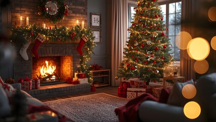 Christmas tree and fireplace with gifts - Decorated living room for Christmas - December - Christmas vibe - Christmas interior room decoration 