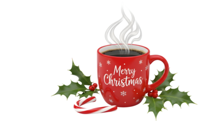 Red Mug with Steaming Hot Coffee Merry Text Holly Berries Candy Cane Transparent Background