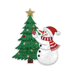 Embroidery style snowman decorating a Christmas tree vector art digital download.