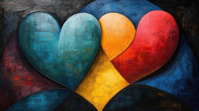 Three Textured Hearts Blue Yellow Red Overlapping Background With Starburst Effect And Dark Circles
