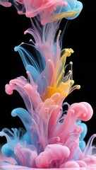 Colorful ink swirling and blooming in water against a black background