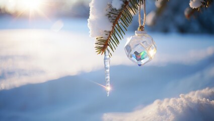 Close up of a pine branch with icicles and a sparkling ornament in winter sunlight