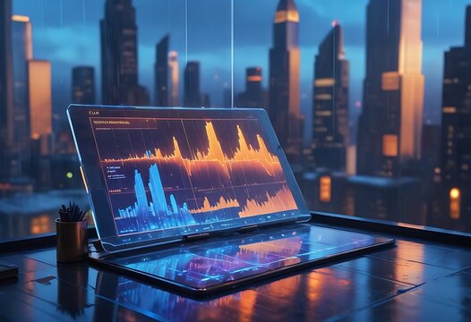 Futuristic digital display showing financial data in a modern city at night