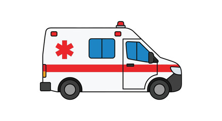 Simple cartoon illustration of a white ambulance with red markings