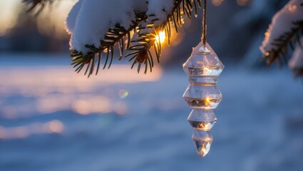 Close up of a sparkling icicle hanging from a snow covered pine branch at sunset