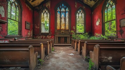 Obraz premium Abandoned Church Interior With Peeling Red Walls Ornate Stained Glass Windows And Overgrown Greenery Sunlight Streaming Through Creating A Moody Atmosphere