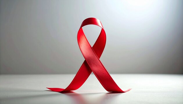 A poignant red ribbon, universally recognized as a powerful symbol of AIDS and HIV awareness, solidarity, and support, stands against a simple, clean background, embodying hope and advocacy