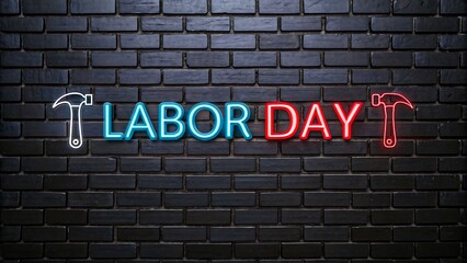 Obraz premium Labor day neon sign with hammer glowing on dark brick wall background 
